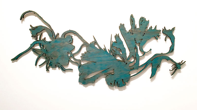 On the Wings / laser cut birch, stained / 58 x 26 in
